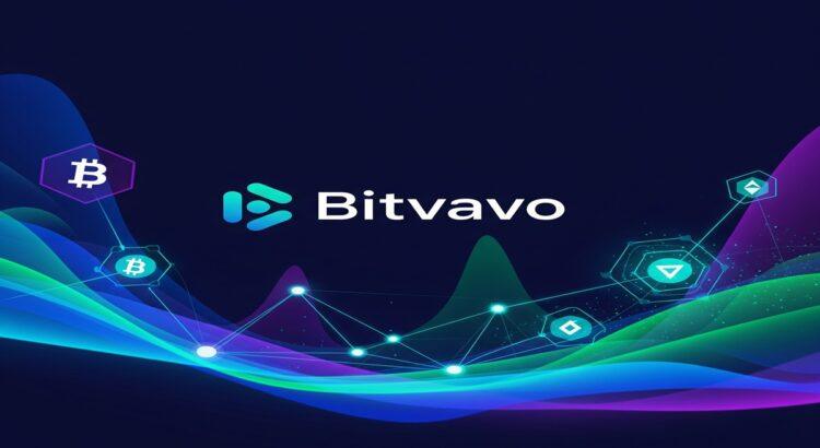 Titelbild für die Kryptobörse Bitvavo, das ein abstraktes, dynamisches Netzwerk von verbundenen Kryptowährungen darstellt.
