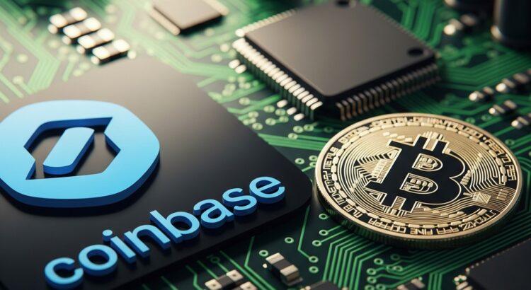 Coinbase-Logo und goldene Bitcoin-Münze auf einer grünen Platine, symbolisierend sicheren Kryptowährungshandel und Blockchain-Technologie.